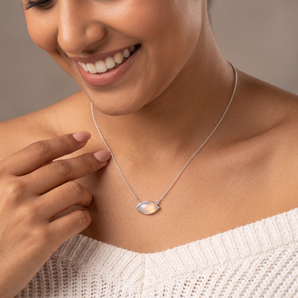 Sterling Silver Moonstone Necklace | Marquise Pendant, Dainty Jewelry