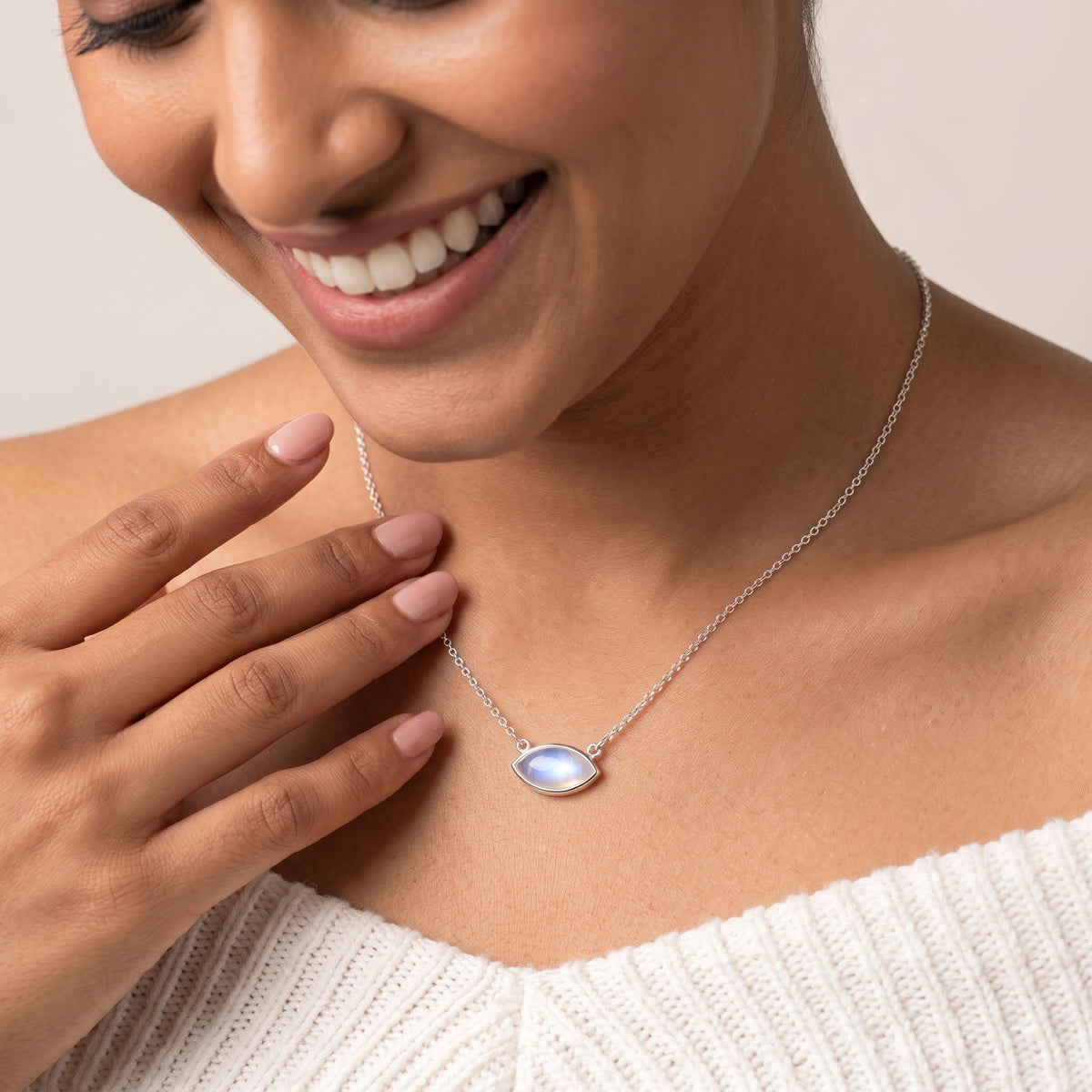 Sterling Silver Moonstone Necklace | Marquise Pendant, Dainty Jewelry