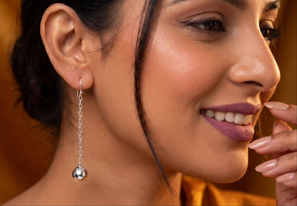 925 Sterling Silver Chain Drop Earrings: Minimalist Dainty Sphere Design, Polished High Shine