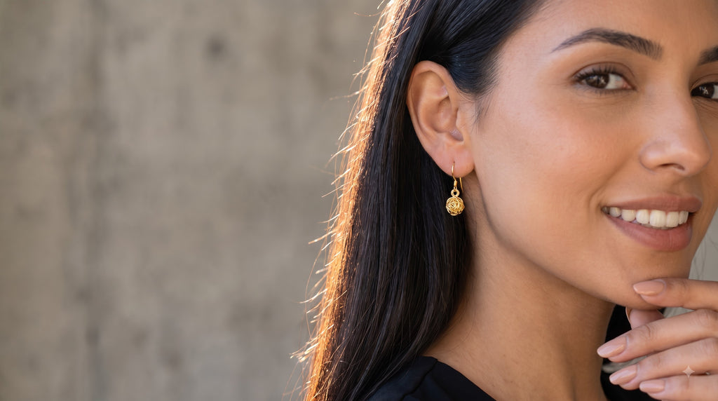 Sterling Silver 14K Gold Plated Dangle Earrings, Floral Rose Jewelry, Minimalist Design