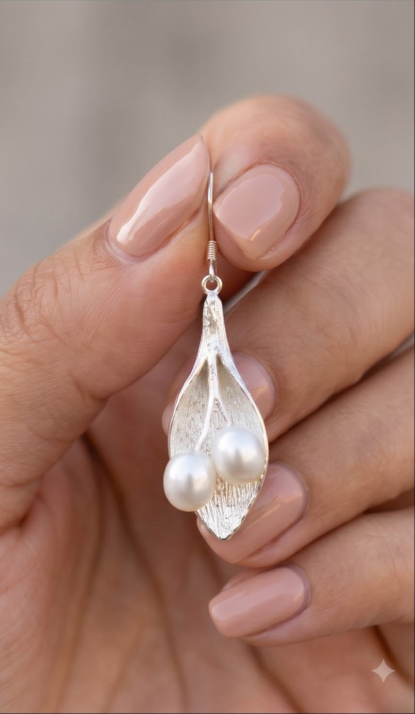 Sterling Silver Leaf Pearl Dangle Earrings