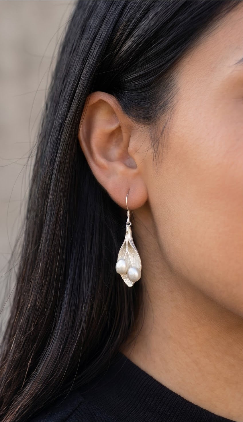 Sterling Silver Leaf Pearl Dangle Earrings