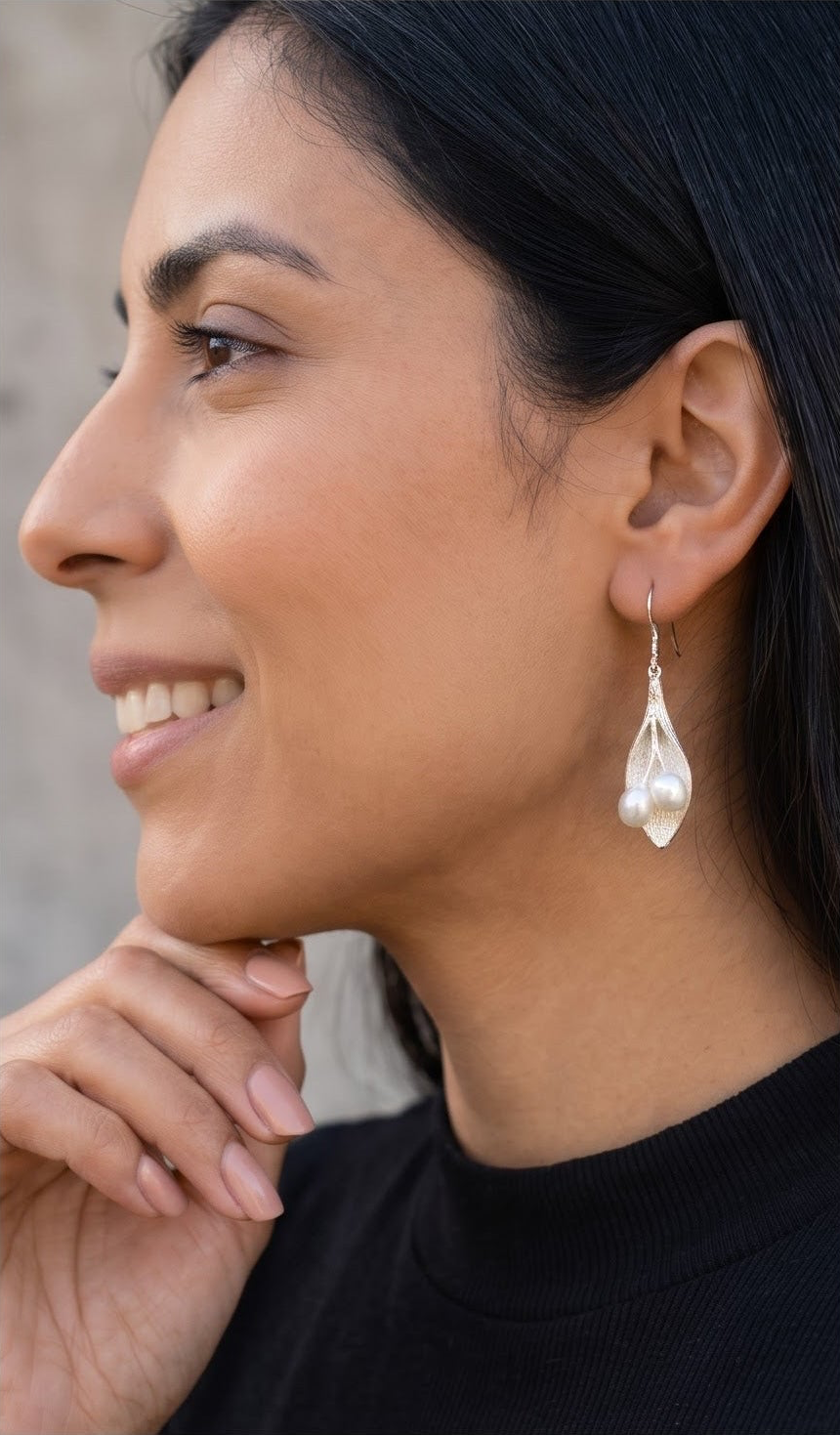 Sterling Silver Leaf Pearl Dangle Earrings