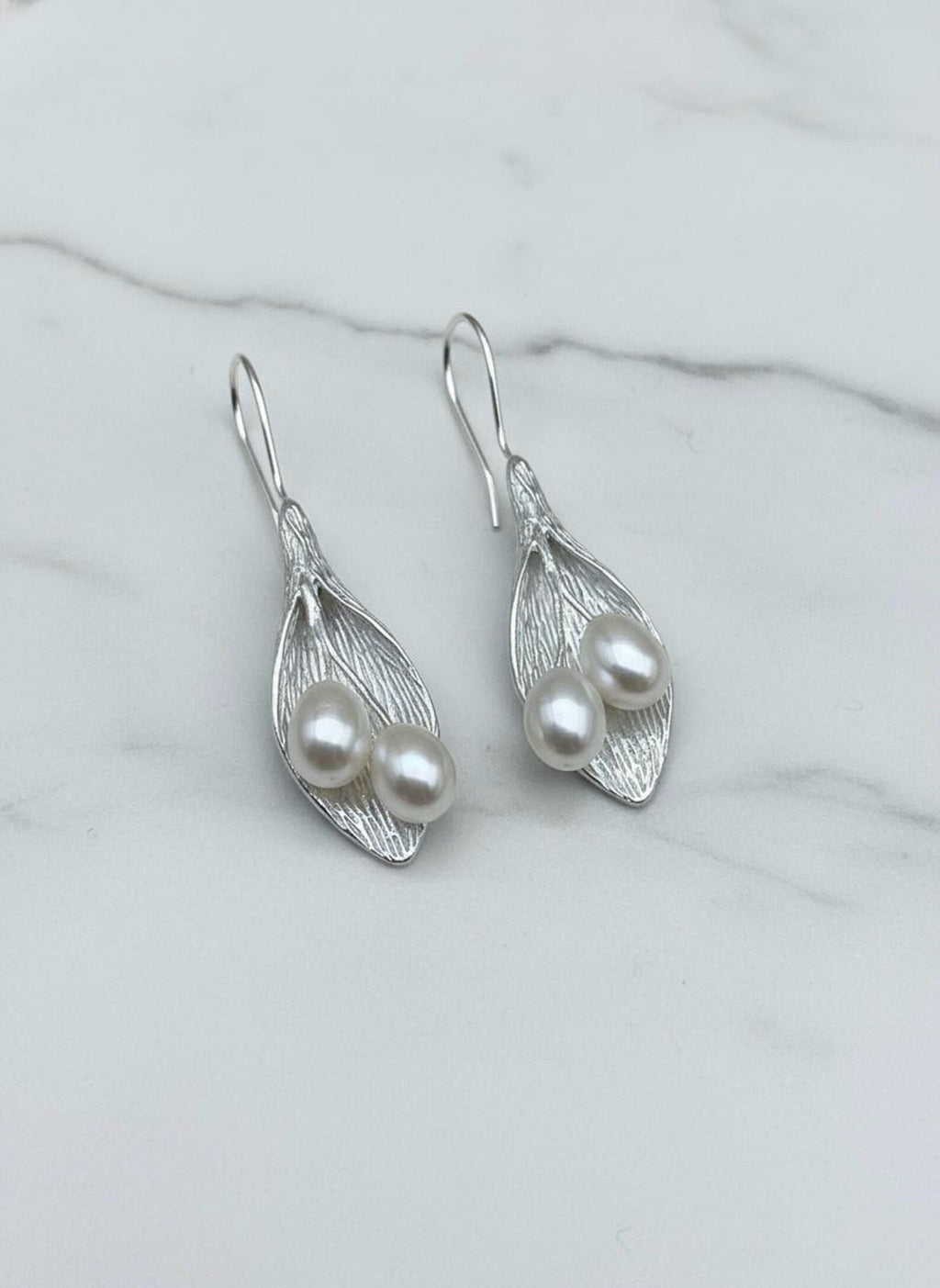 Sterling Silver Leaf Pearl Dangle Earrings