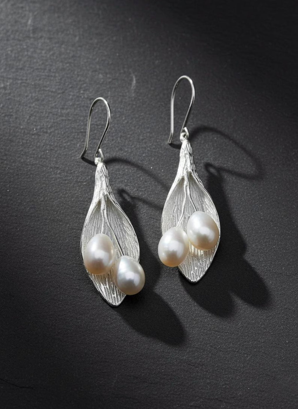 Sterling Silver Leaf Pearl Dangle Earrings