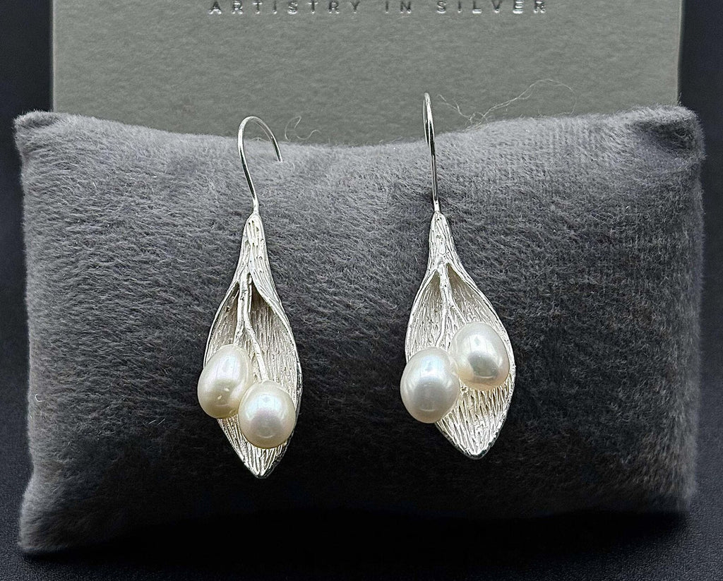 Sterling Silver Leaf Pearl Dangle Earrings