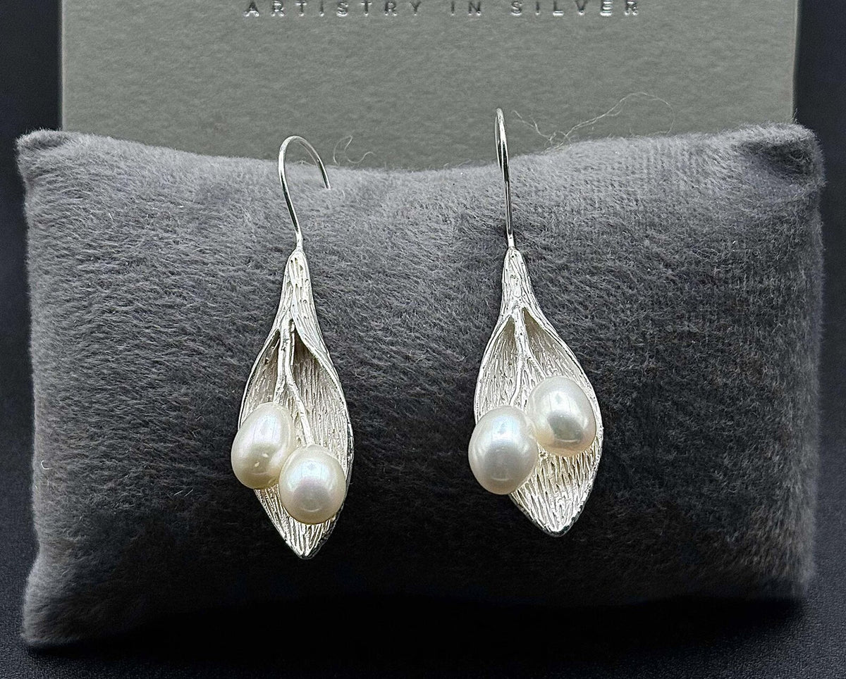 Sterling Silver Leaf Pearl Dangle Earrings