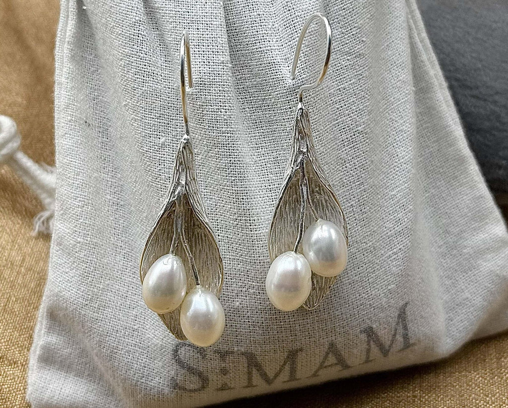 Sterling Silver Leaf Pearl Dangle Earrings