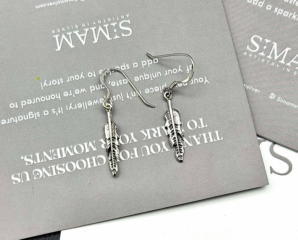 Sterling Silver Feather Dangle Earrings, Boho Minimalist Drop Jewelry