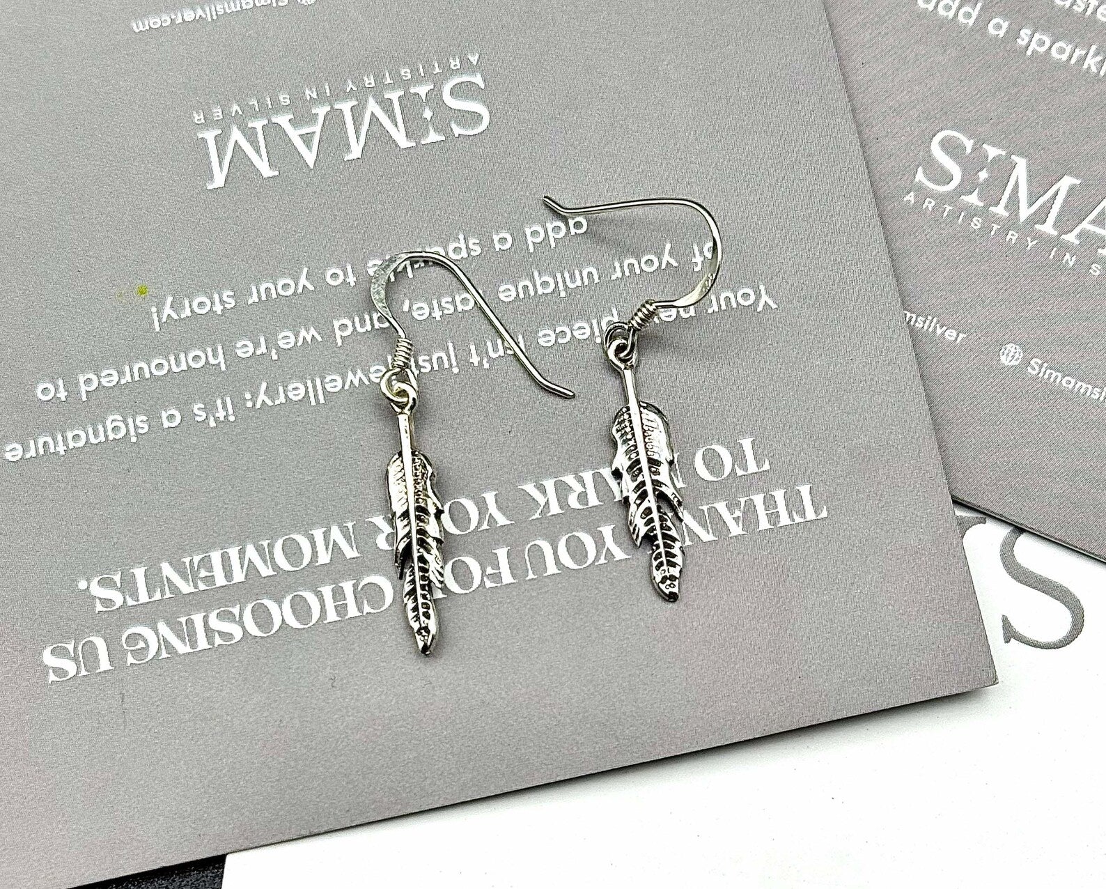 Sterling Silver Feather Dangle Earrings, Boho Minimalist Drop Jewelry