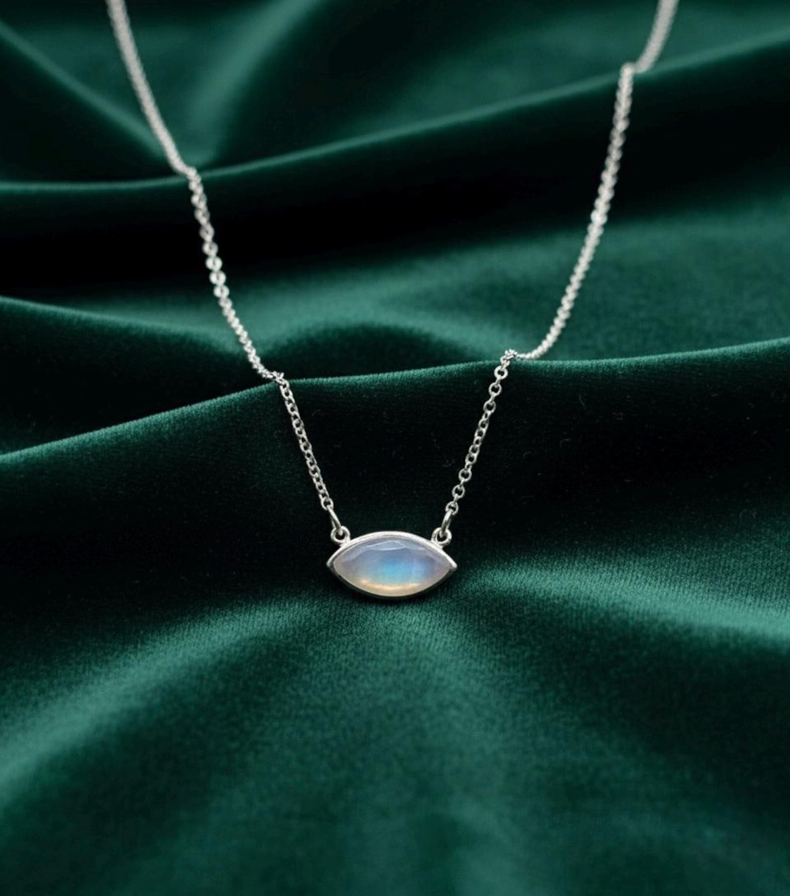 Sterling Silver Moonstone Necklace | Marquise Pendant, Dainty Jewelry
