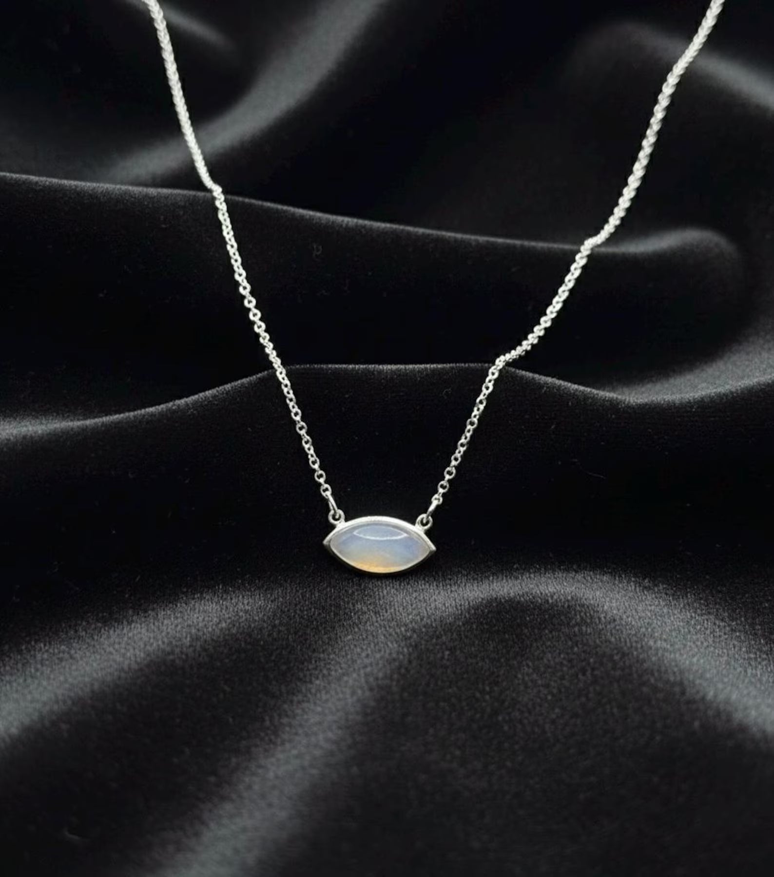 Sterling Silver Moonstone Necklace | Marquise Pendant, Dainty Jewelry