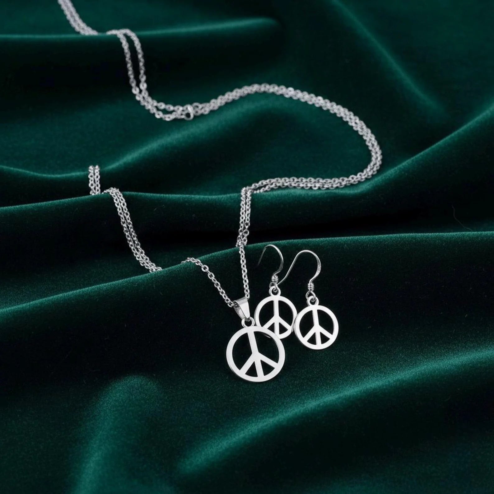 Sterling Silver Peace Sign Jewelry Set | Boho Minimalist Necklace & Earrings
