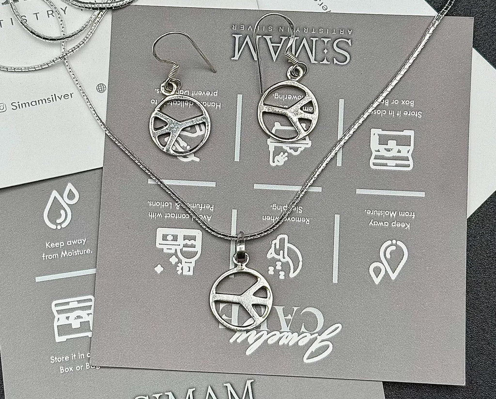 Sterling Silver Peace Sign Jewelry Set | Boho Minimalist Necklace & Earrings