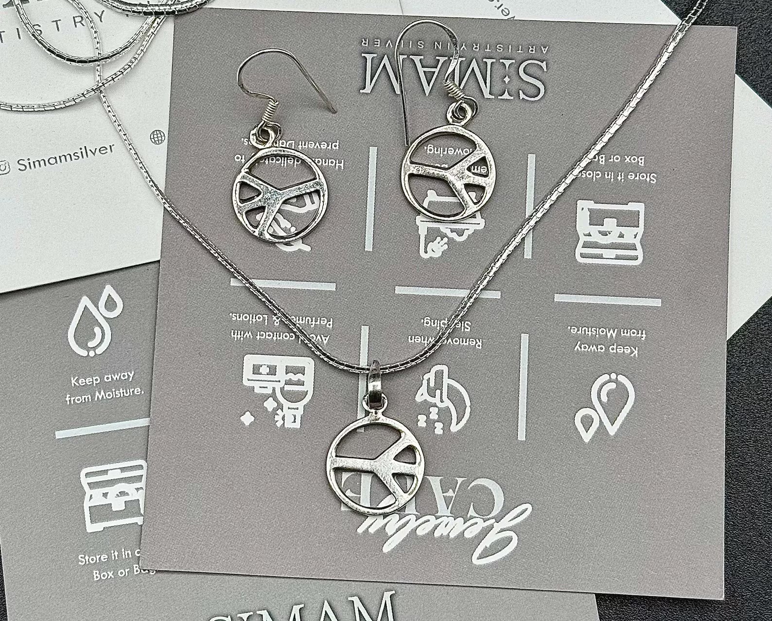 Sterling Silver Peace Sign Jewelry Set | Boho Minimalist Necklace & Earrings