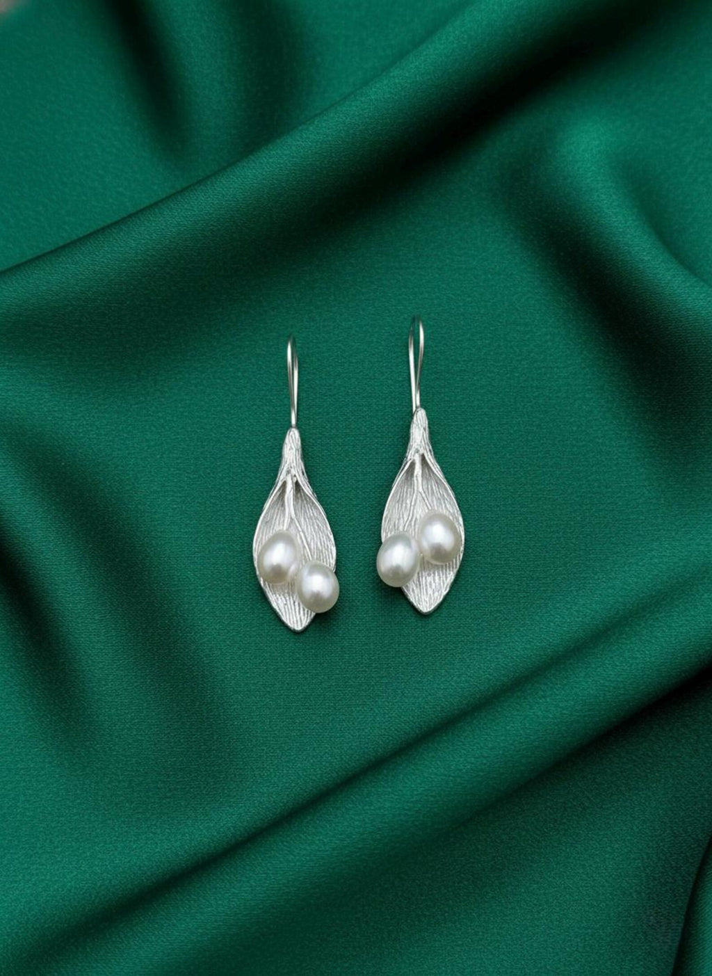 Sterling Silver Leaf Pearl Dangle Earrings