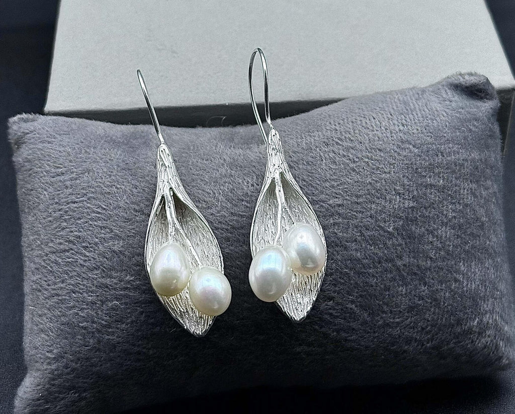 Sterling Silver Leaf Pearl Dangle Earrings