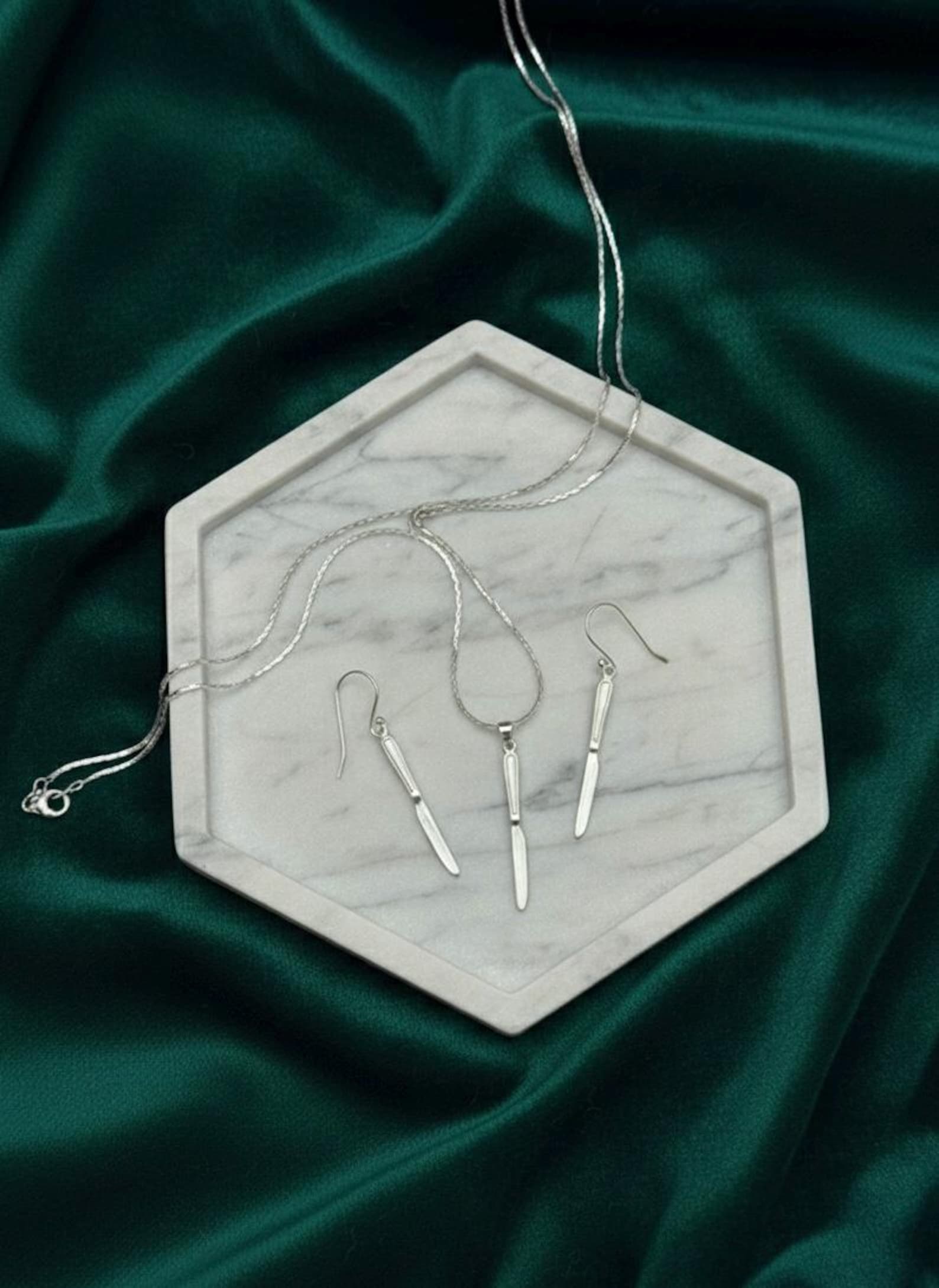 Knife Pendant Necklace & Dangle Earrings Set | Minimalist Silver Jewelry