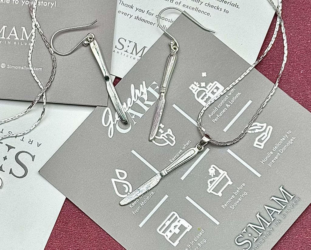 Knife Pendant Necklace & Dangle Earrings Set | Minimalist Silver Jewelry
