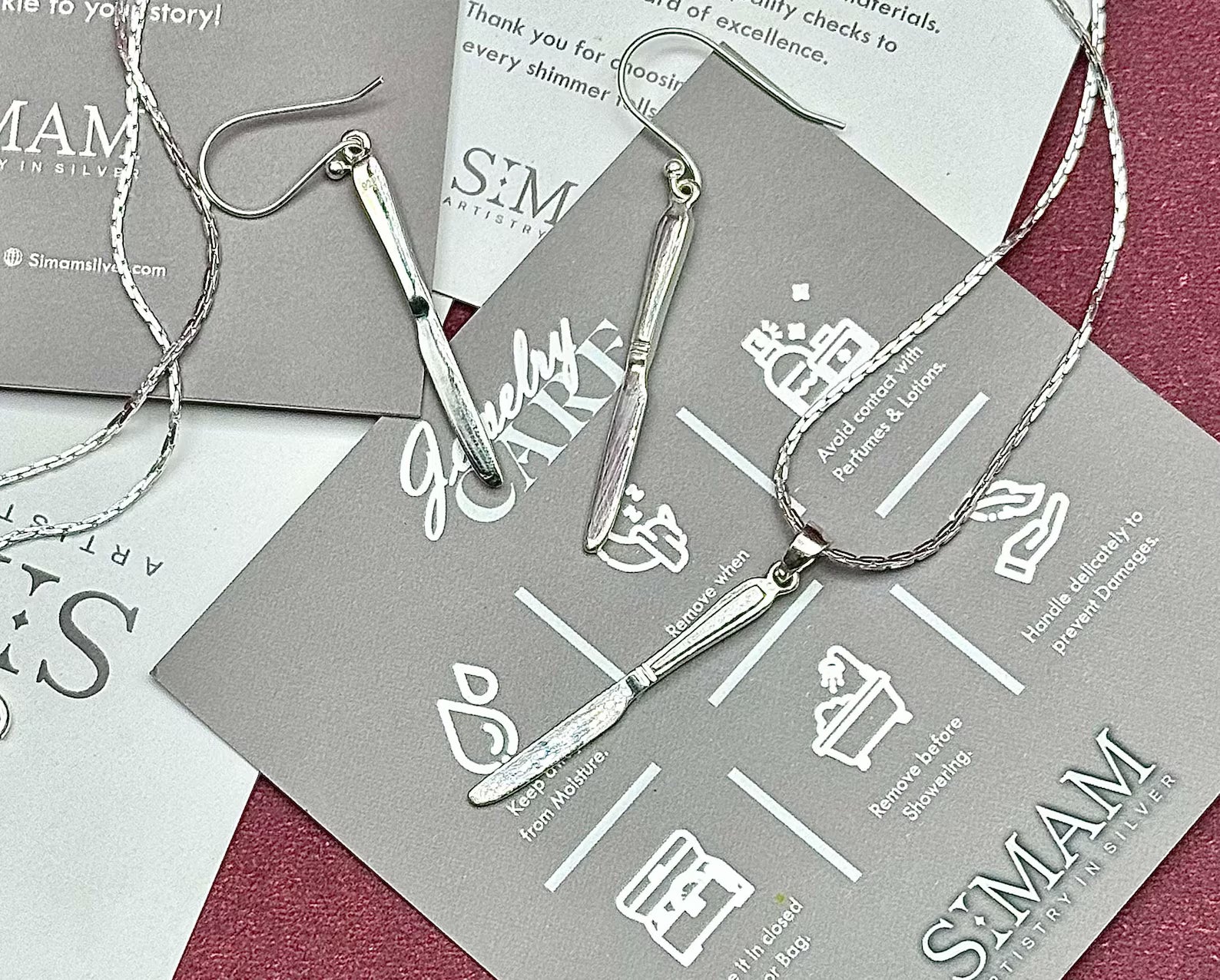 Knife Pendant Necklace & Dangle Earrings Set | Minimalist Silver Jewelry