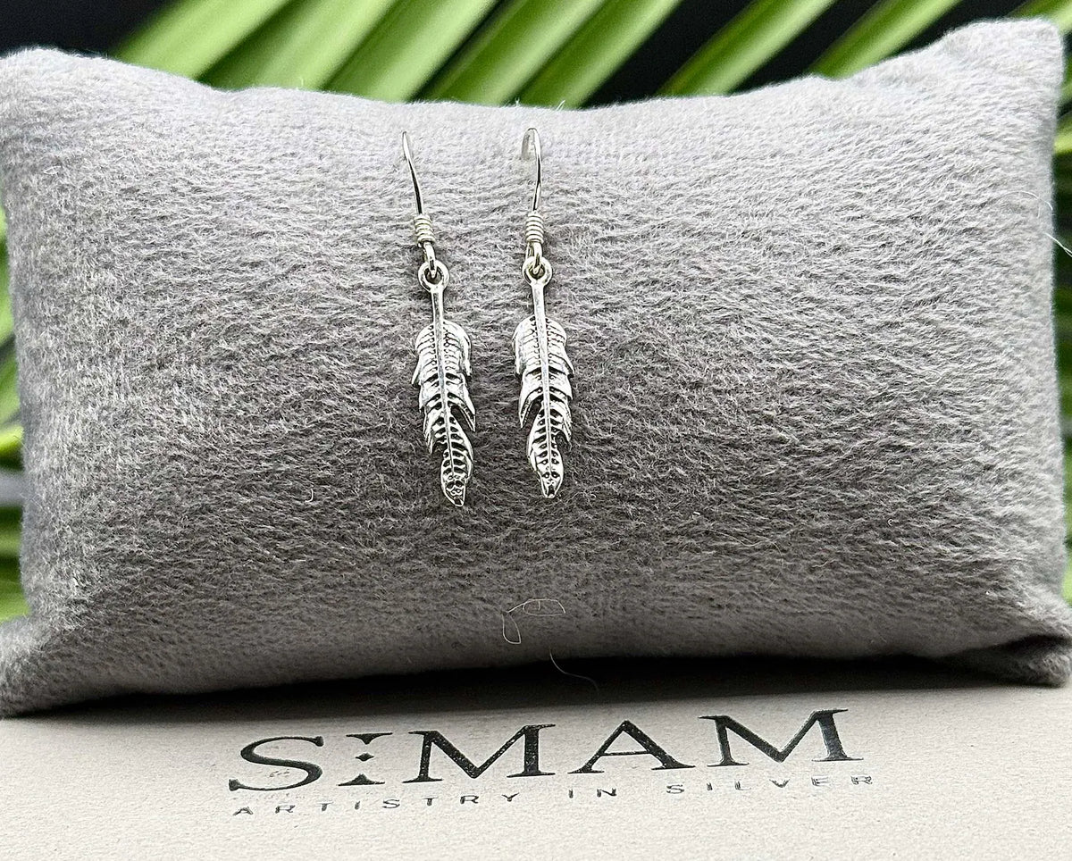 Sterling Silver Feather Dangle Earrings, Boho Minimalist Drop Jewelry