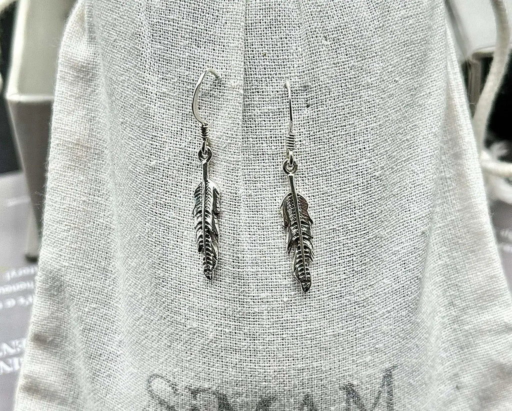 Sterling Silver Feather Dangle Earrings, Boho Minimalist Drop Jewelry