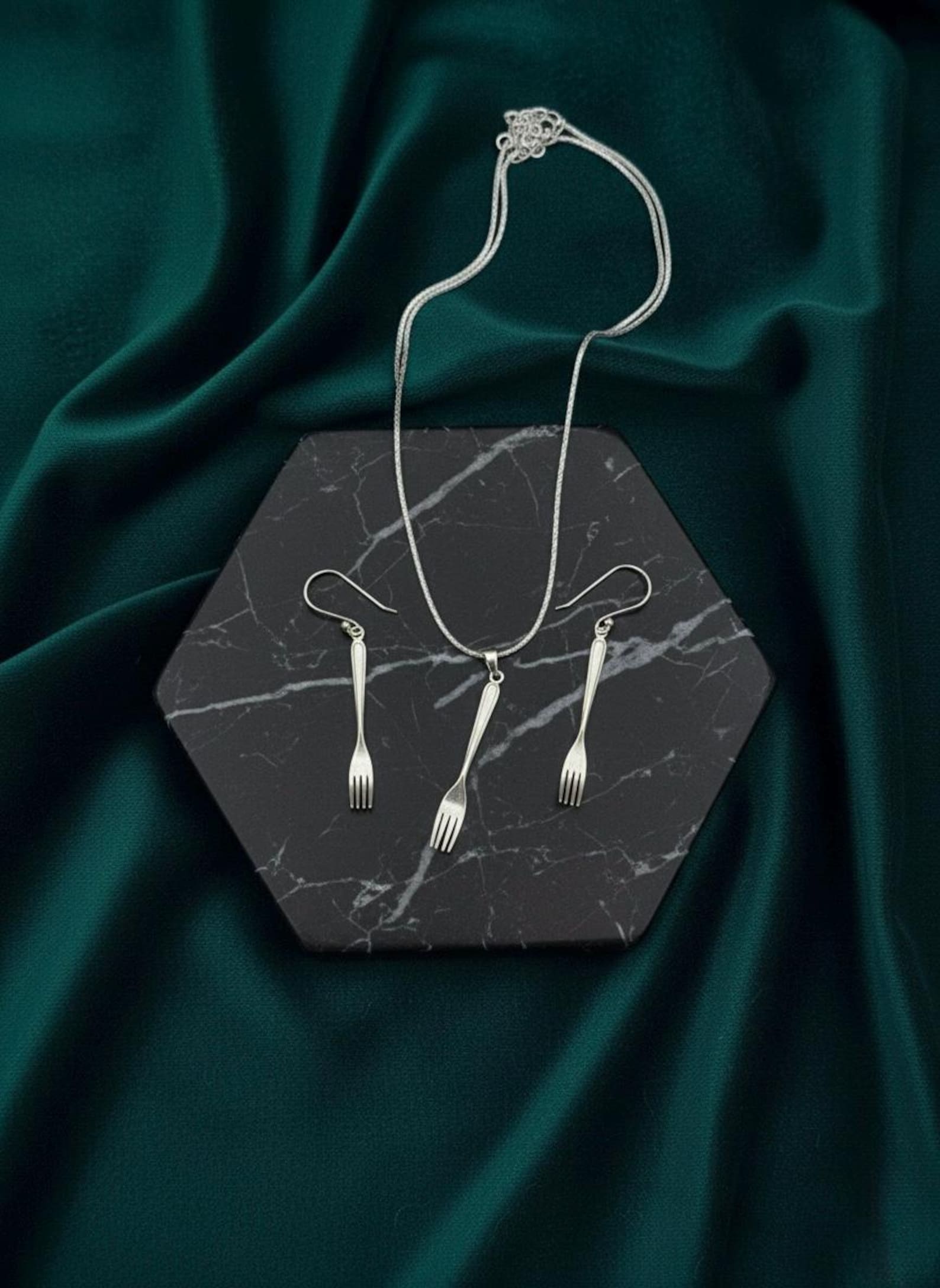 Sterling Silver Fork Jewelry Set | Quirky Dangle Earrings & Pendant