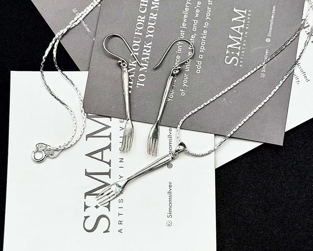 Sterling Silver Fork Jewelry Set | Quirky Dangle Earrings & Pendant