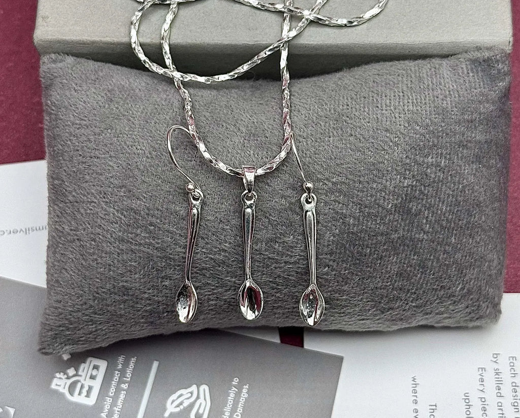 Sterling Silver Spoon Necklace & Earrings Set | Minimalist Jewelry