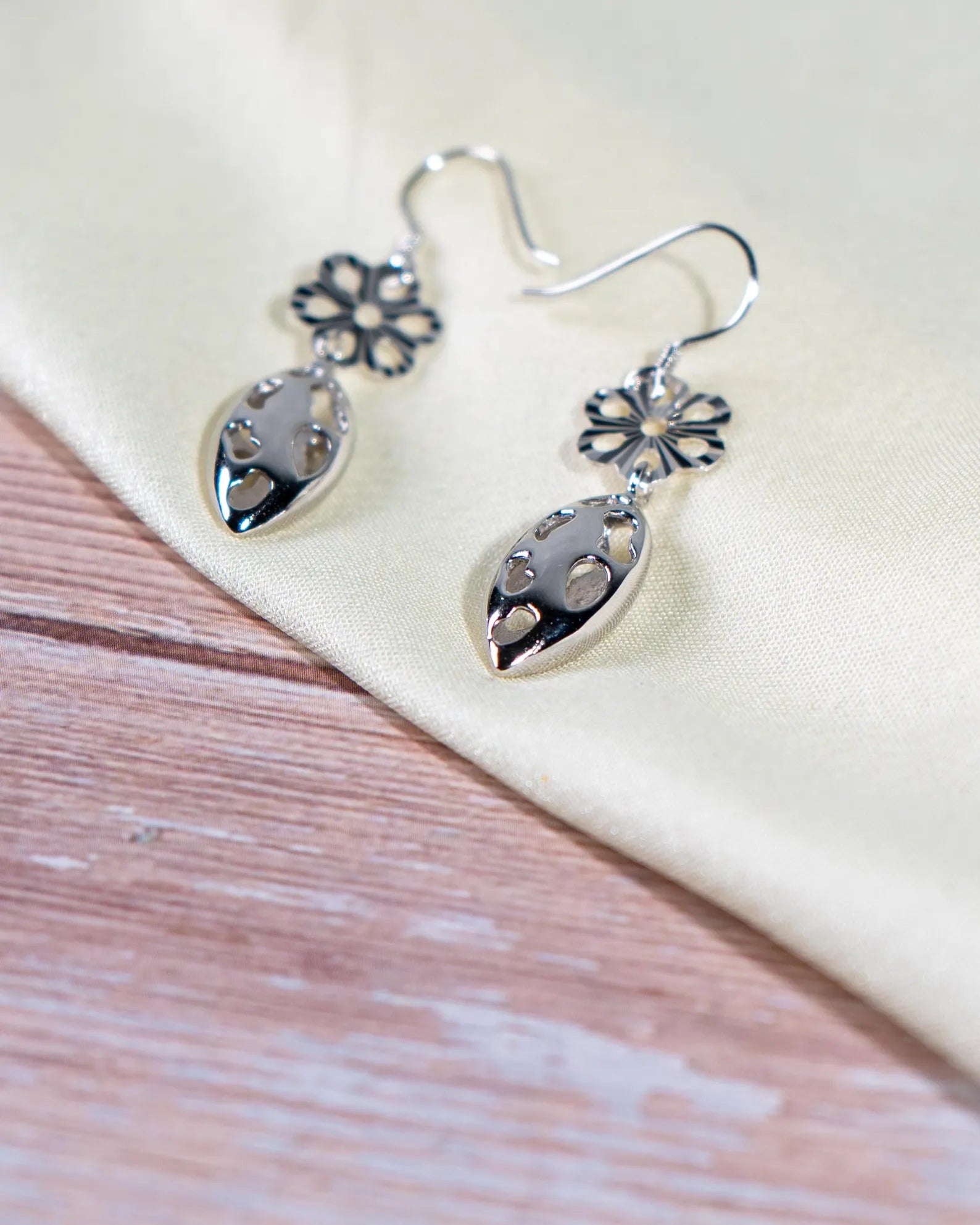 Handmade Sterling Silver Floral Drop Earrings, Minimalist Boho Chic Jewelry