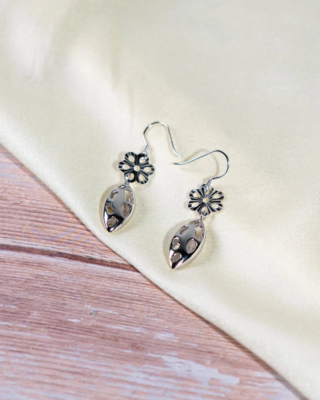 Handmade Sterling Silver Floral Drop Earrings, Minimalist Boho Chic Jewelry