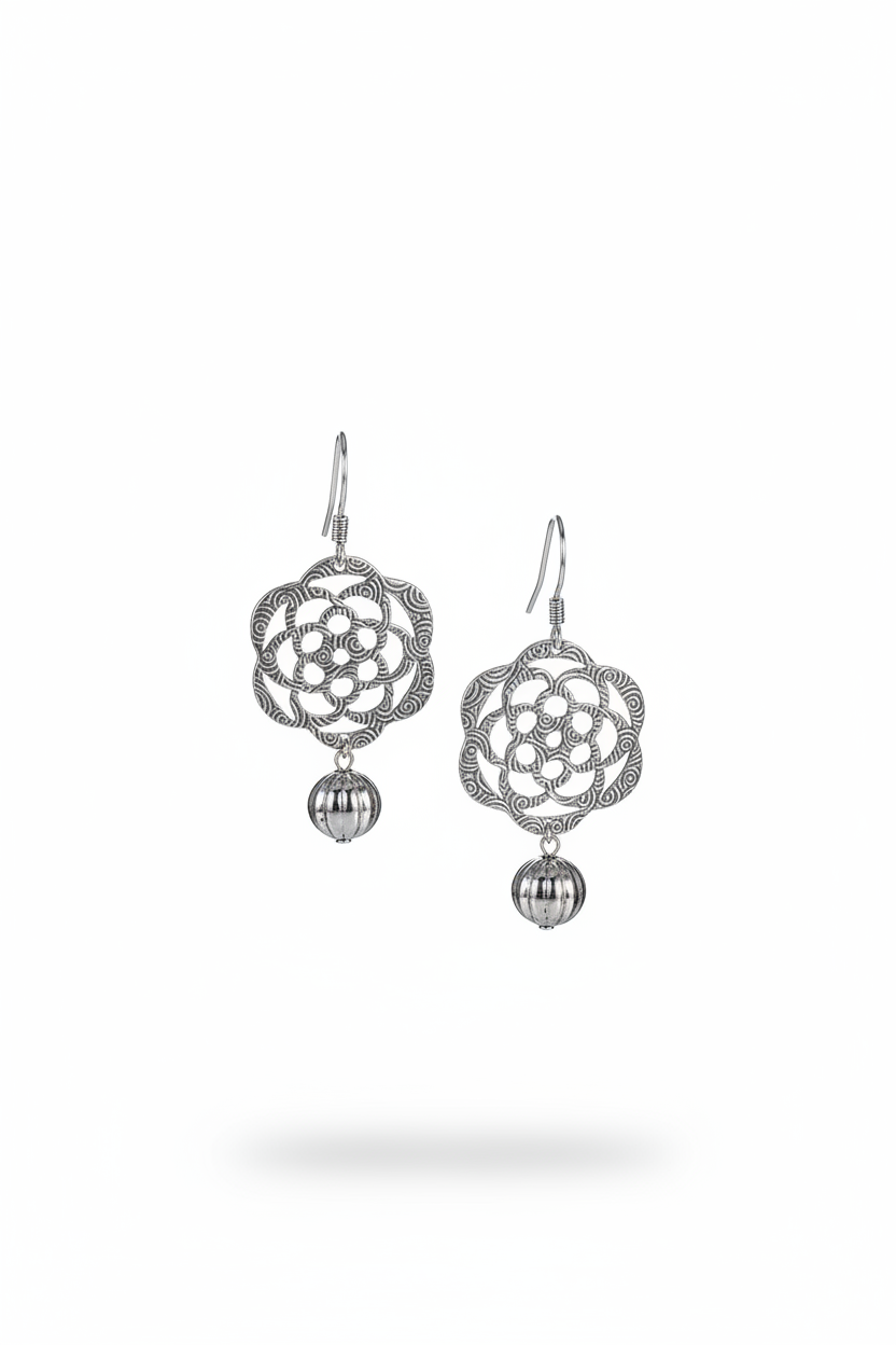 Handmade Sterling Silver Filigree Dangle Earrings, Vintage Floral Statement Jewelry