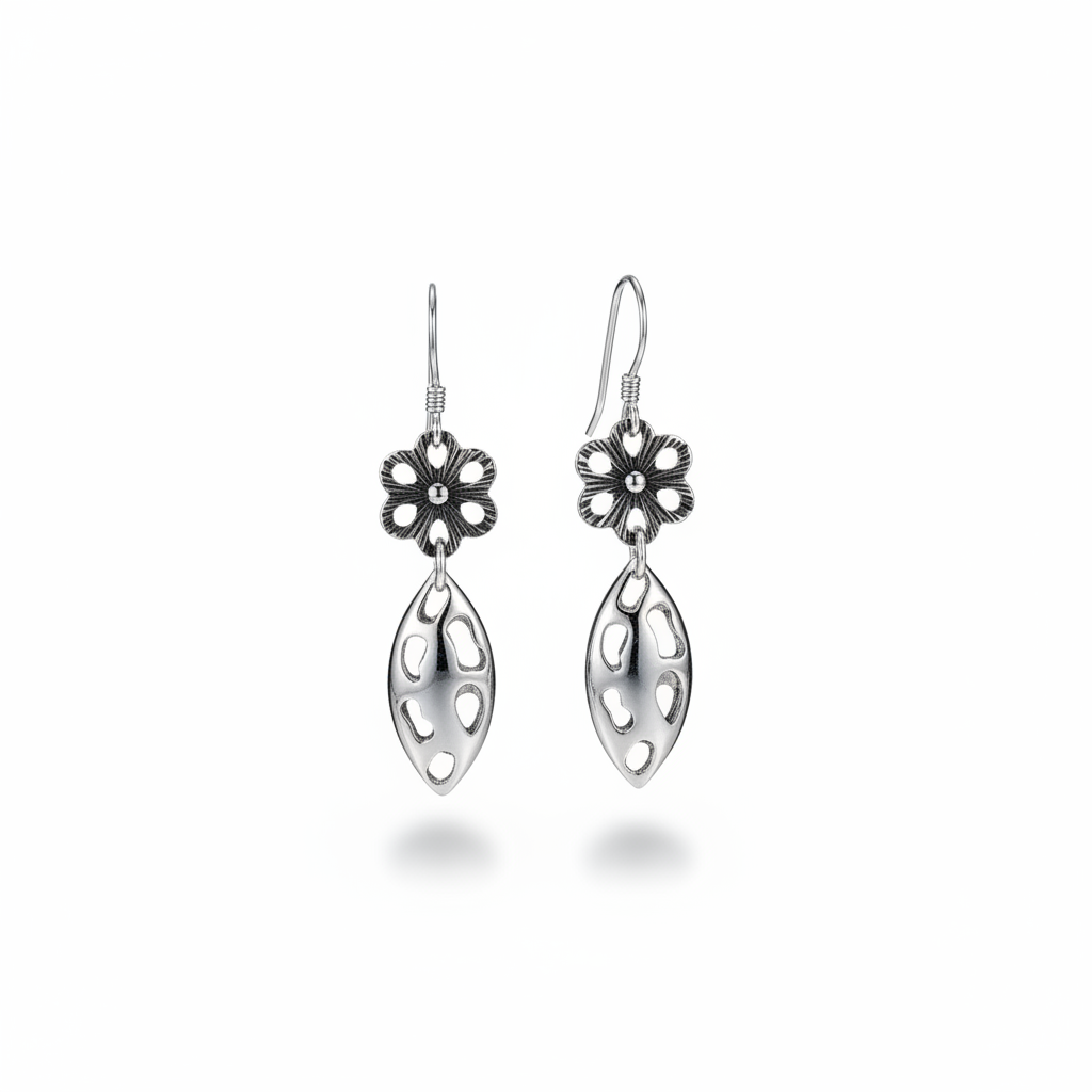 Handmade Sterling Silver Floral Drop Earrings, Minimalist Boho Chic Jewelry