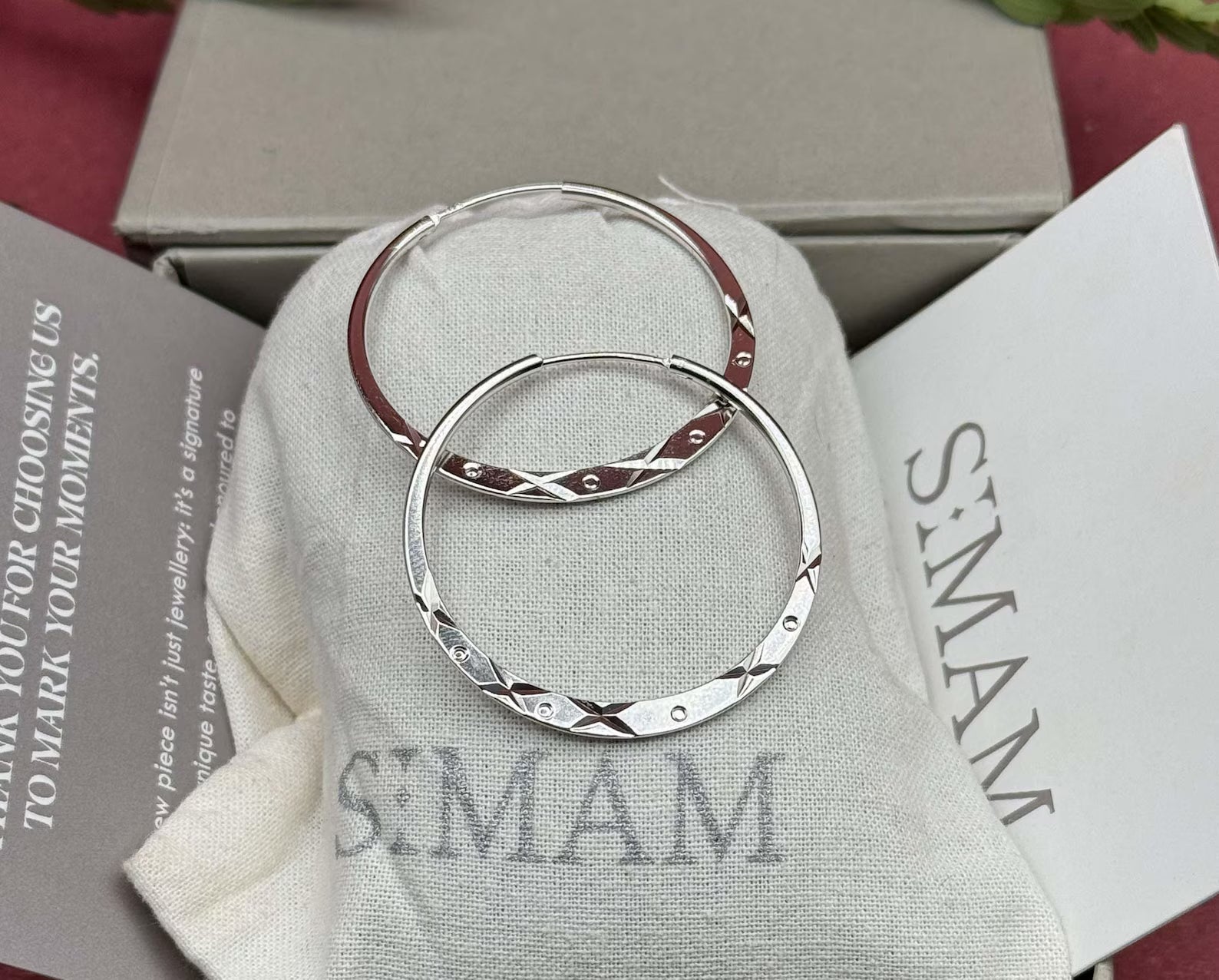 925 Sterling Silver Diamond Cut Hoop Earrings, Geometric Engraved Statement Jewelry