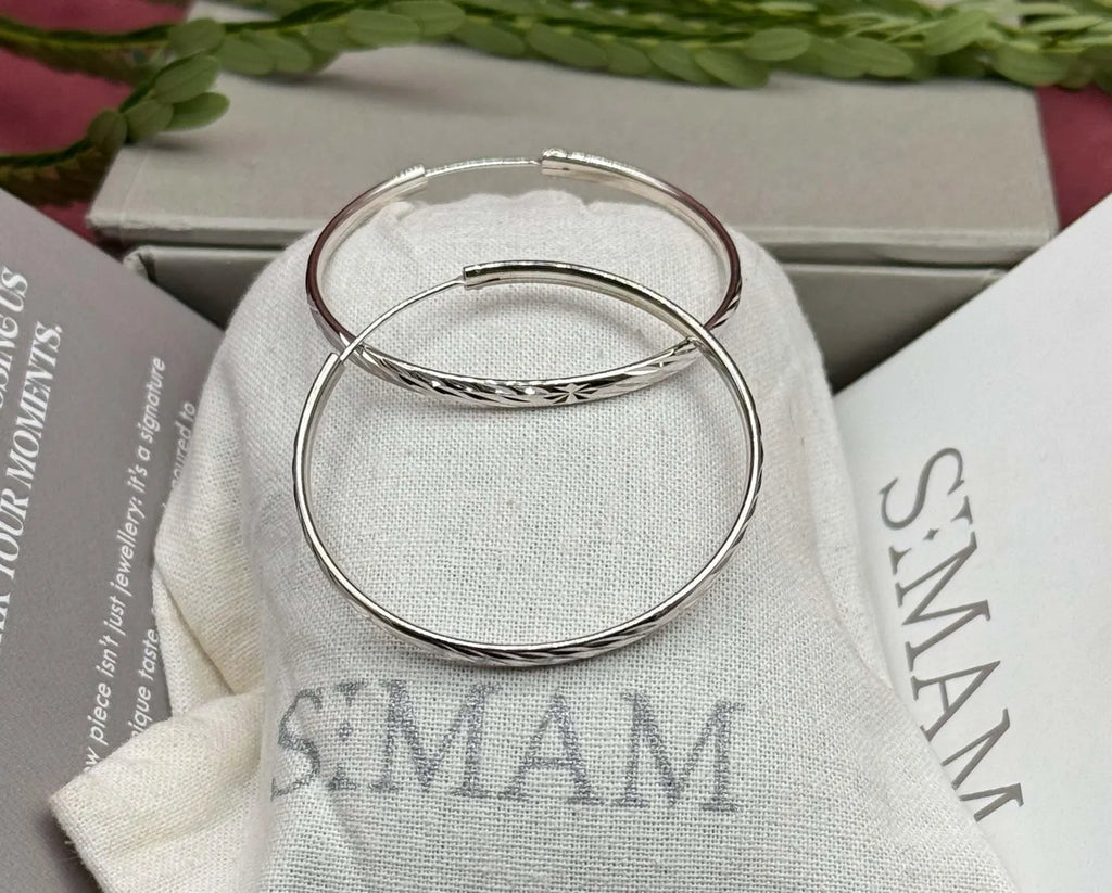 925 Sterling Silver Diamond Cut Hoop Earrings, Sparkly Faceted Minimalist Everyday Jewelry