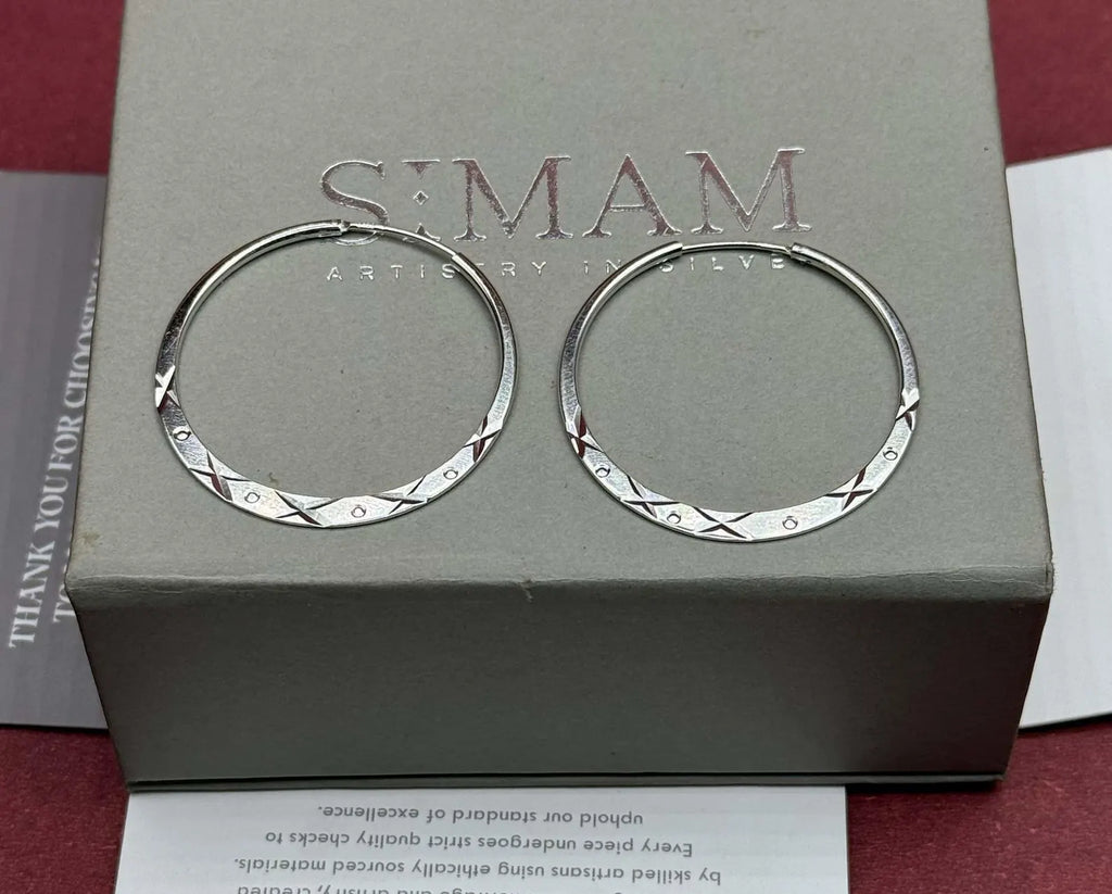 925 Sterling Silver Diamond Cut Hoop Earrings, Geometric Engraved Statement Jewelry