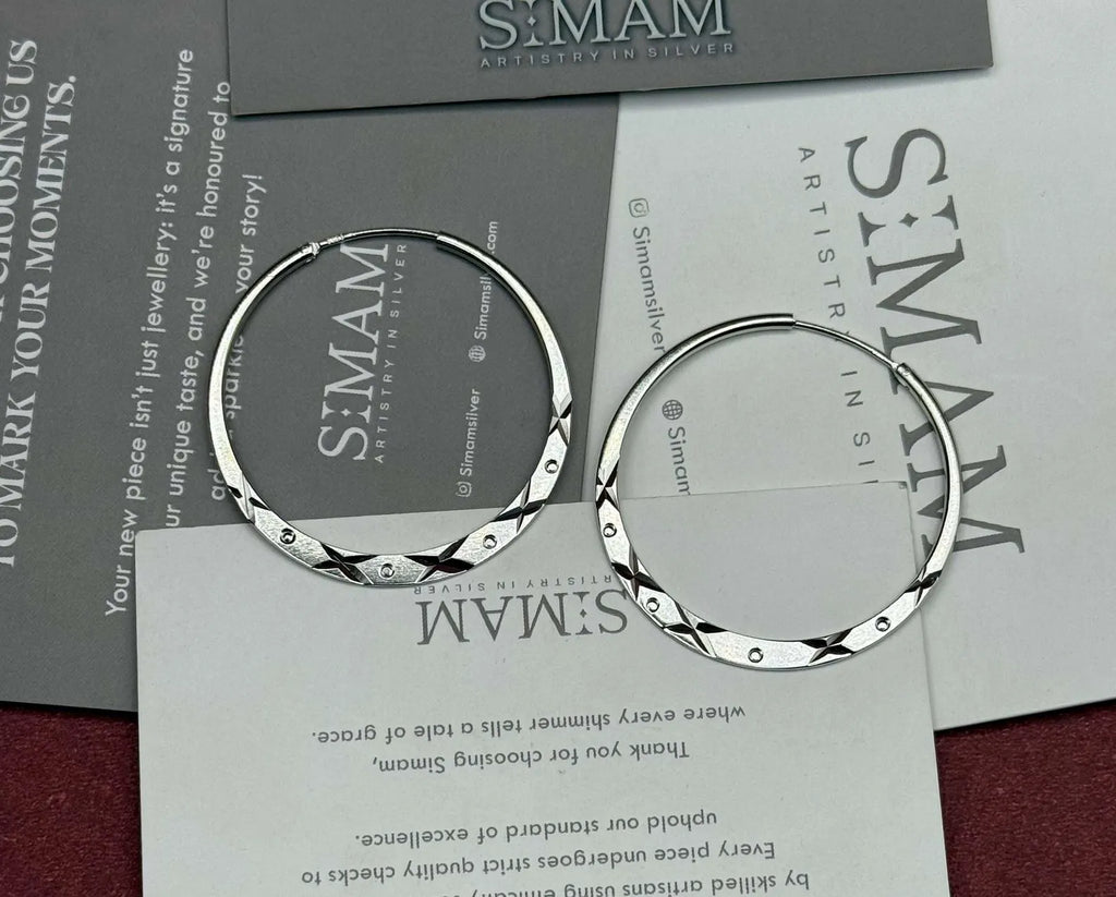 925 Sterling Silver Diamond Cut Hoop Earrings, Geometric Engraved Statement Jewelry