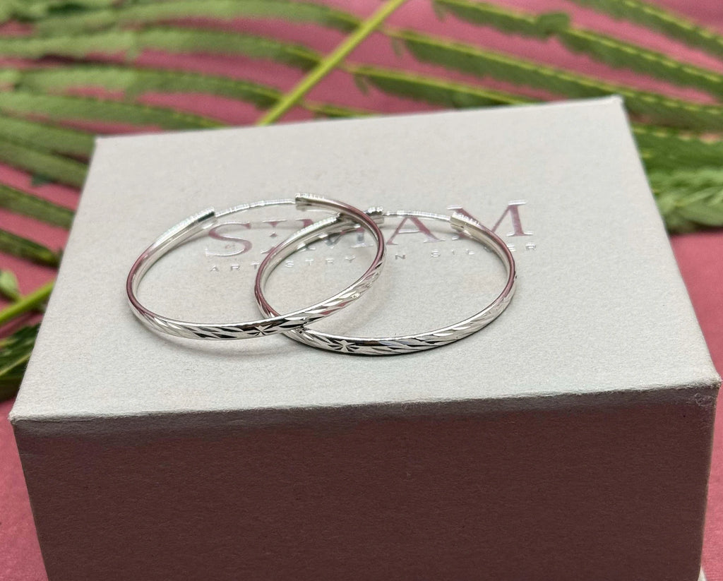 925 Sterling Silver Diamond Cut Hoop Earrings, Sparkly Faceted Minimalist Everyday Jewelry
