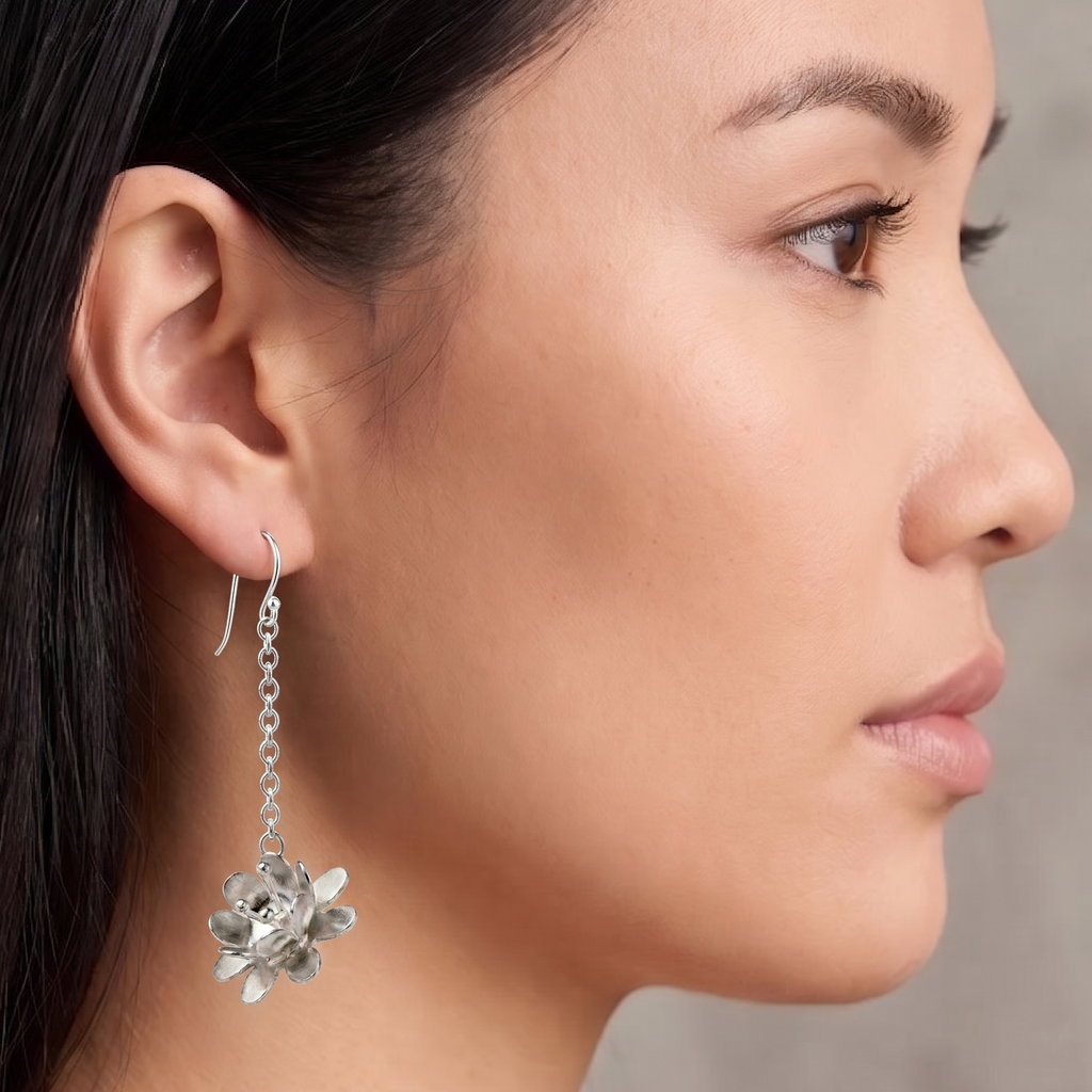 Sterling Silver Flower Drop Earrings: Dainty Floral Chain, Polished High Shine