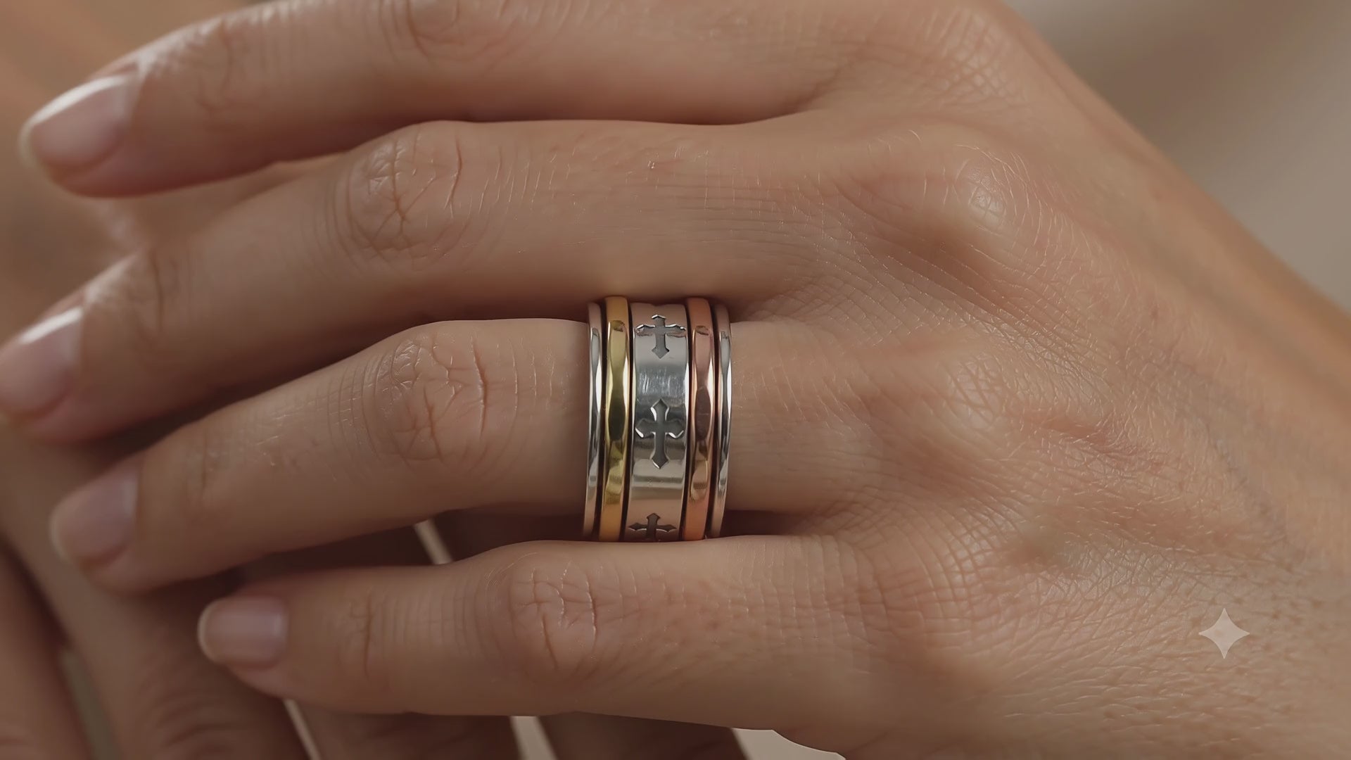 Sterling Silver Spinner Ring: Engraved Cross Band, Two-Tone Everyday Wear