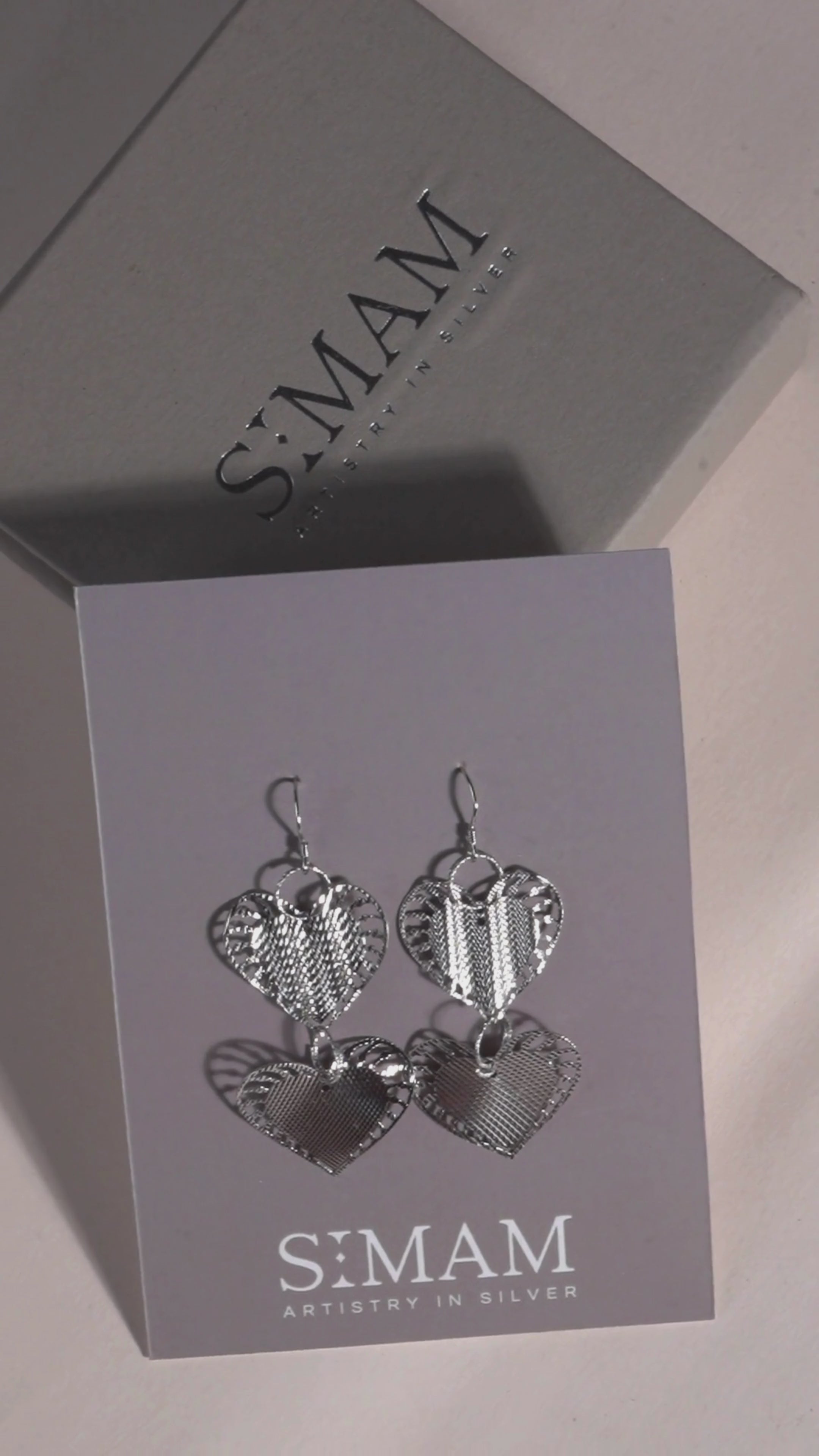 Handmade Double Heart Sterling Silver Dangle Earrings, Romantic Textured Love Jewelry