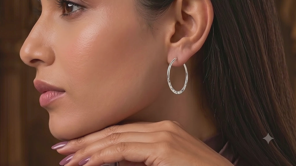 925 Sterling Silver Diamond Cut Hoop Earrings, Geometric Engraved Statement Jewelry