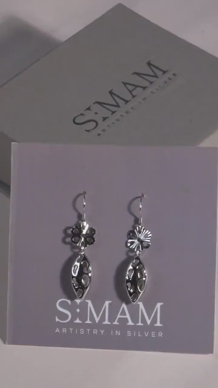 Handmade Sterling Silver Floral Drop Earrings, Minimalist Boho Chic Jewelry