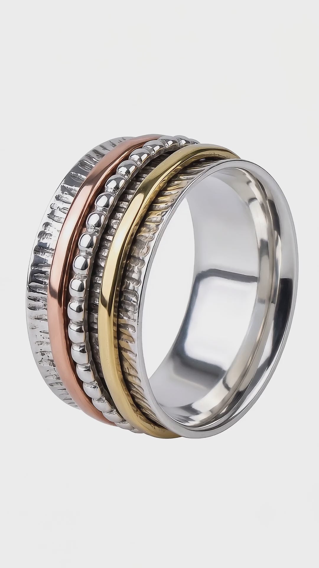Sterling Silver Multi-Tone Spinner Ring – Textured Rotating Bands, Everyday Wear