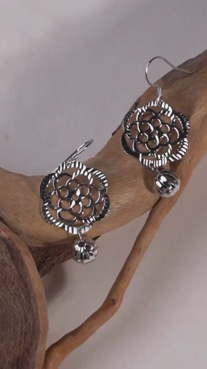 Handmade Sterling Silver Filigree Dangle Earrings, Vintage Floral Statement Jewelry