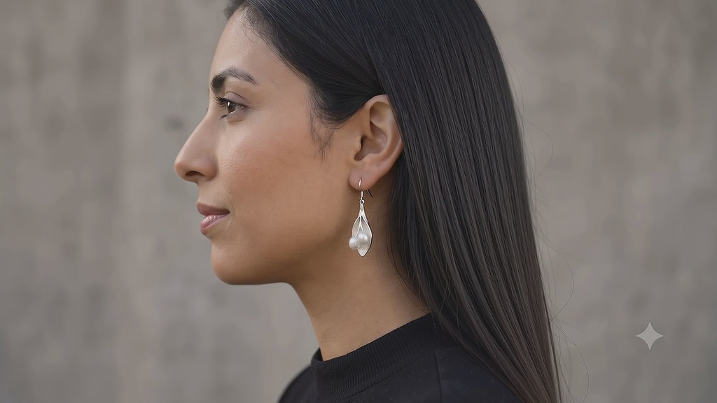 Sterling Silver Leaf Pearl Dangle Earrings