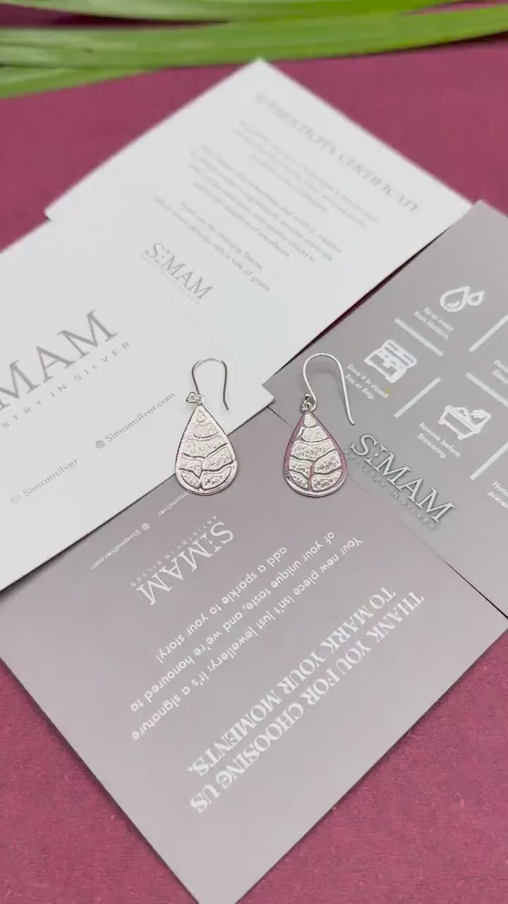 925 Sterling Silver Teardrop Earrings, Leaf Pattern Earrings, Nature Inspired Dangle Earrings, Boho Silver Jewelry, Gift for Her