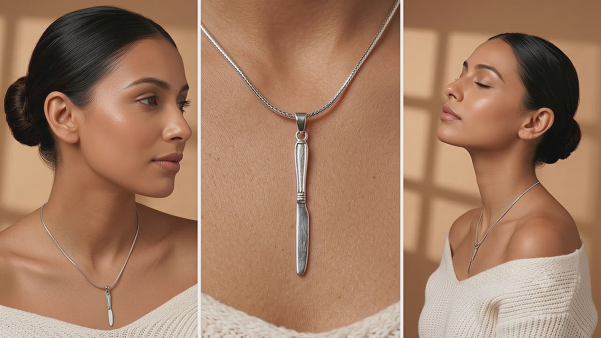 Knife Pendant Necklace & Dangle Earrings Set | Minimalist Silver Jewelry
