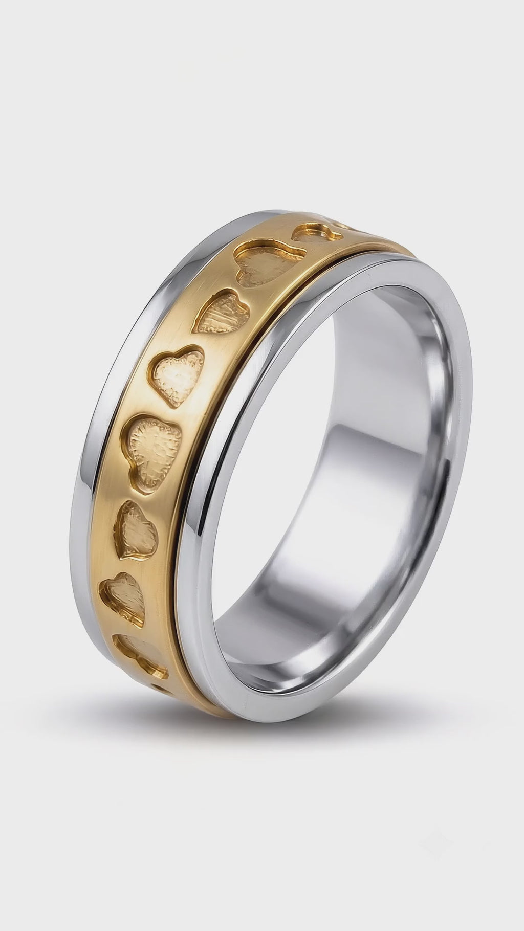 Sterling Silver Spinner Ring with Heart Pattern – Two-Tone Band, Everyday Wear