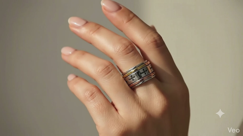 Sterling Silver Spinner Ring: Engraved Cross Band, Two-Tone Everyday Wear